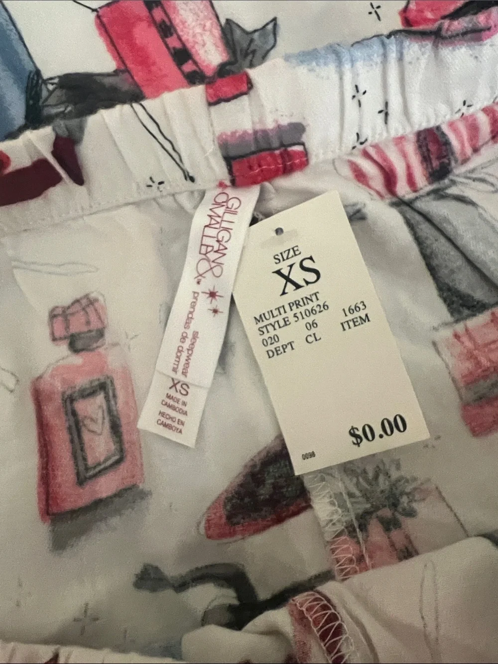Gilligan & O'Malley White Pajama Pants with Pink & Navy Fashion Print